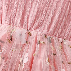 Toddler Girls Ruffle Sleeve Floral Print Dress Round Neck Tulle Patchwork A Line Princess Dress with Embroidery