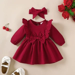 Baby girl Autumn Dress Ruffled Edges and Bow, Long sleeved Dress+Headband for 0-18 Months Cute Baby girl Holiday Party Costume