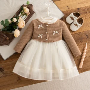 Autumn Toddler Baby Girl Pink Dress Bow Gentle Long Sleeved Yarn Dresses for Girl Party Dress