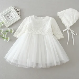 White Christening Dress for Newborn Babies With Long Sleeved 3 Months Baby Dress Little Girls Lace Baptism Ball Dress+Hat