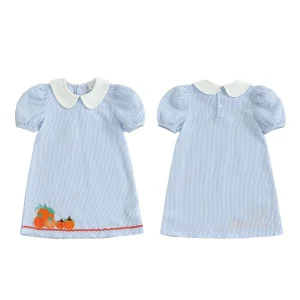 Adorable Infant Halloween Costume Orange Pumpkin Print Short Sleeve Dress with Cute Doll Collar for Toddler Girls