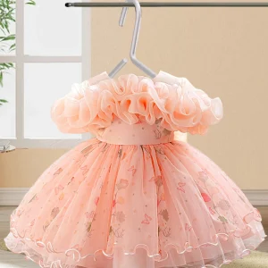 Infant Baby Girl Christening Gown Floral Lace Embroidered Tulle Ruffled Sleeveless A Line Dress with Bow Detail