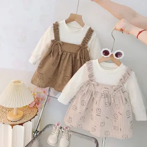 2025 New Girls Knit Bunny Rabbit Print Long Sleeve Dress Cute Toddler Kids Autumn Fall Casual Outfit with Bow Tie