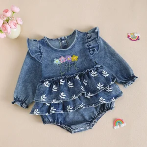 Autumn Winter Baby Girl's Long Sleeve Denim Dress Embroidered Floral Pattern Toddler Kids Clothing