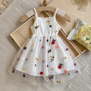Summer Baby Girls Clothing Toddler Girls Sweet Floral Embroidered Lace Straps Dress Kids Party Sleeveless Dresses