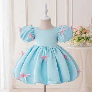 Cute Bow Party Baby Girls Dress Puff Sleeve 1st Birthday Wedding Princess Dress for Kids Gala Baptism Bridesmaids Tutu Prom Gown